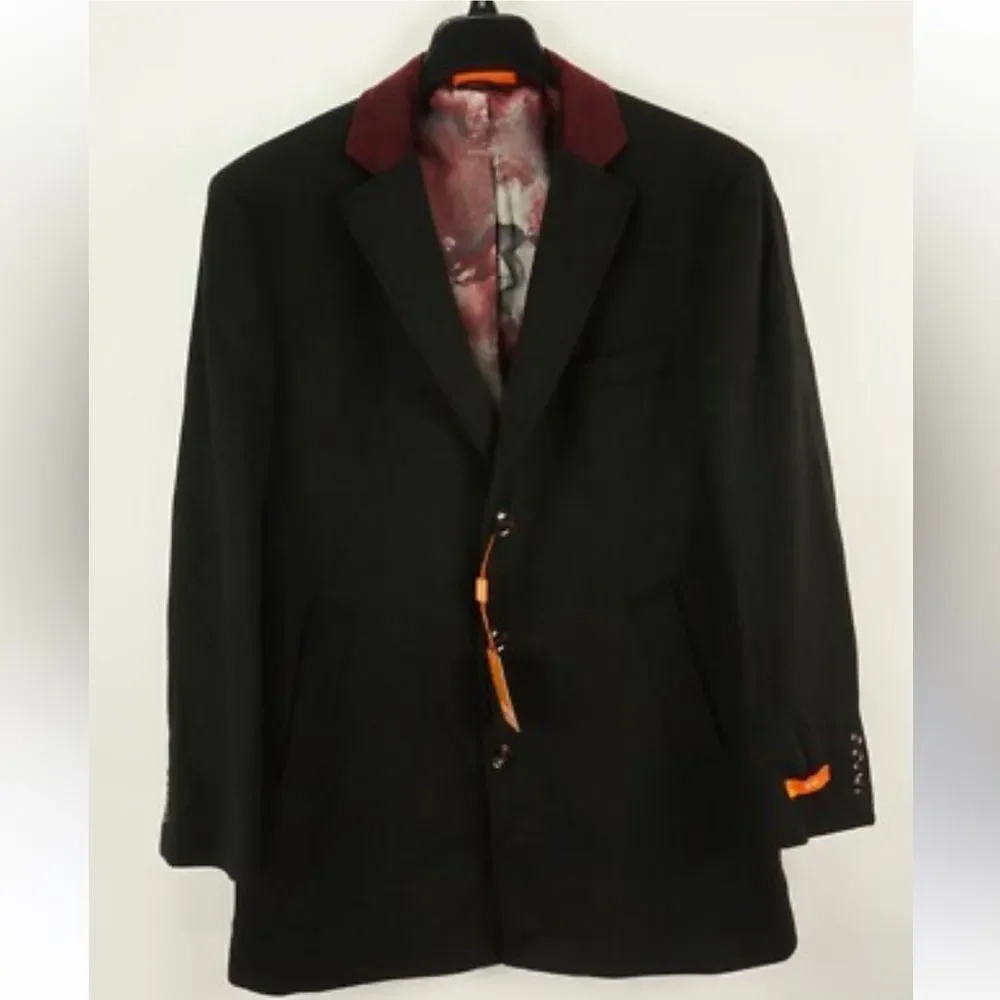 Tallia Men's Velutti Overcoat Solid Black Wool Blend Contrasting Collar NWT $498